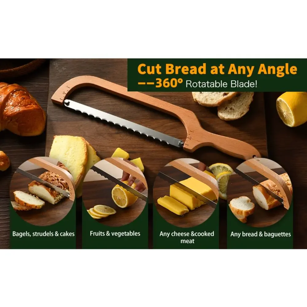 360 Rotating Wooden Bread Knife Serrated Bow Slicer Left Right Handed Beechwood